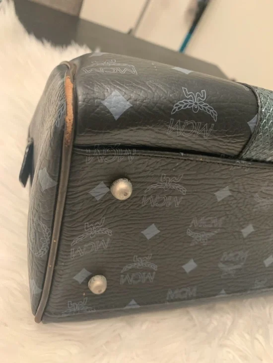 MCM Black Leather Satchel with Metallic Lion Graphic - Picture 6 of 11